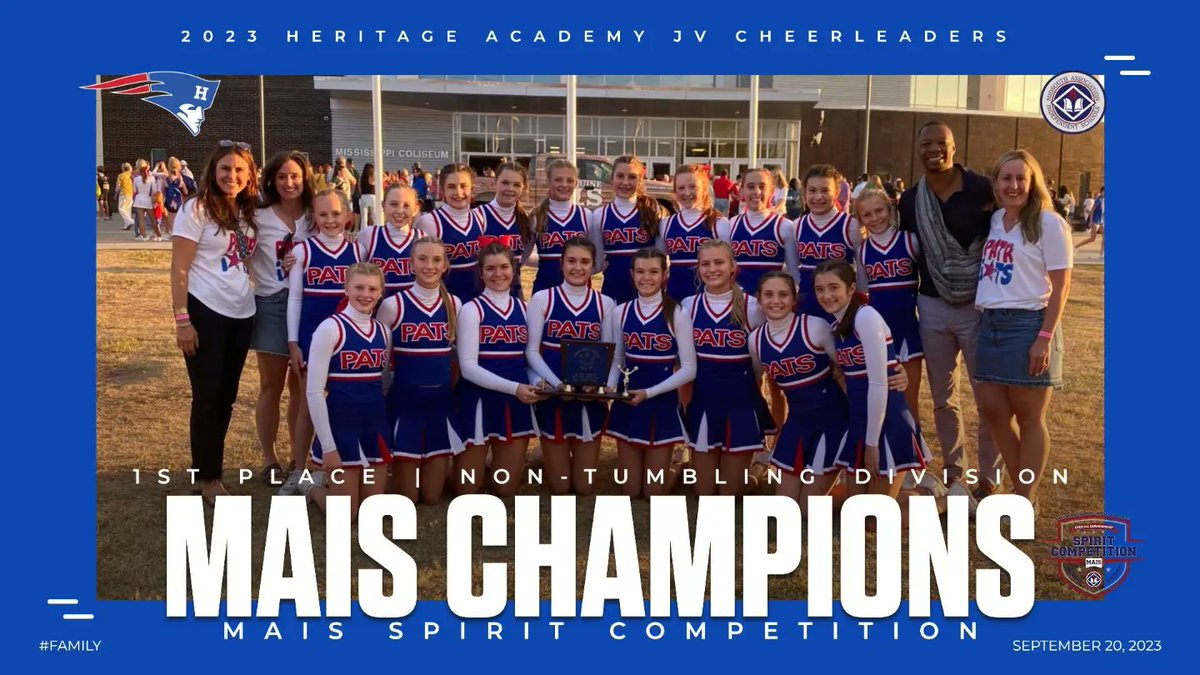 Congratulations to the Heritage Academy JV Cheerleaders being named Champions of the Non-Tumbling Large Division at the MAIS Spirit Competition today at the Mississippi Coliseum!

#FAMILY
#MAISSpirit
