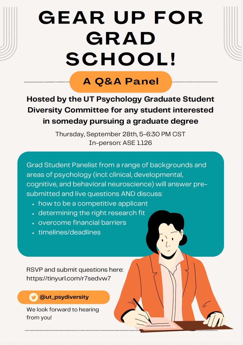 🎓 Interested in grad school? Join the UT Psych Grad Student Diversity Committee's Q&amp;A panel on Sept 28, 5-6:30 pm at ASE room 1.126 or via Zoom! Get insights on applications, hear grad experiences, and discover our updated resource guide. Spread the word! 🧠