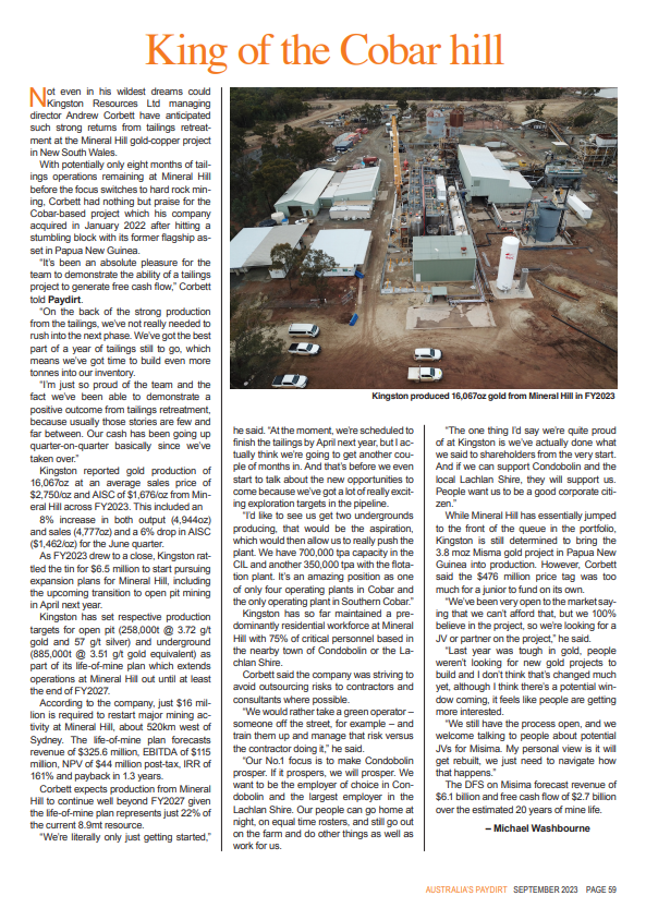 $KSN has achieved strong #returns from tailings reprocessing at its Mineral Hill #gold-#copper #project in #NewSouthWales. The company produced 16,067oz gold with an average #sales #price of $2,750/oz and AISC of $1,676/oz in FY2023. 

lnkd.in/guqtH3k