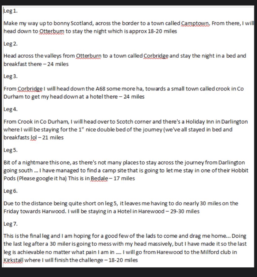 Walking from Scotland to Leeds in 7 days to raise money for a young family who recently had some horrific news, route below… if you’d like to donate, please DM me as they’re wanting privacy at this time .. thanks to my sponsors so far and we’re nearly at £2k please RT