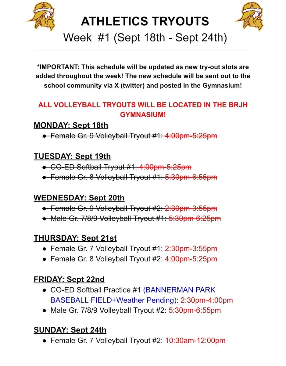🚨TEAM TRYOUTS 🚨
Attention @BRJH_Celtics Athletes. SEE BELOW for the UPDATED WEEK #1 tryout schedule. Any changes will be reflected on this schedule and reshared with the community! Athletes remember that you need to bring your medical consent forms to tryouts! #BRJHathletics 👊