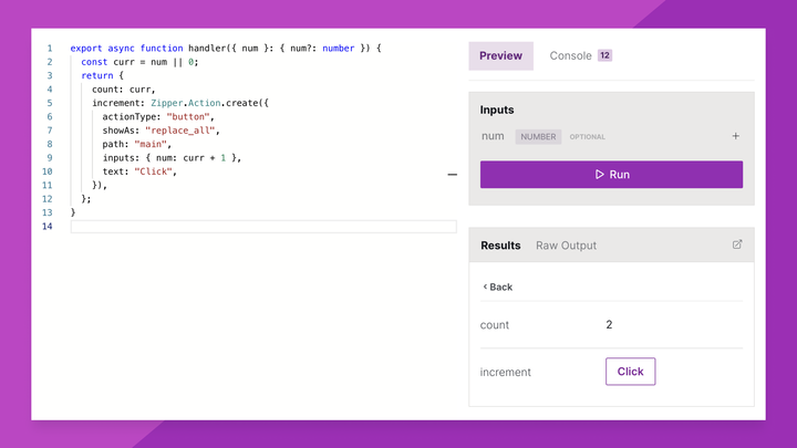 In less than 13 lines of code you get a basic working interactive app with a URL. It's magic ✨ 

Check it out or fork it here: zipper.dev/zipper-inc/bas…