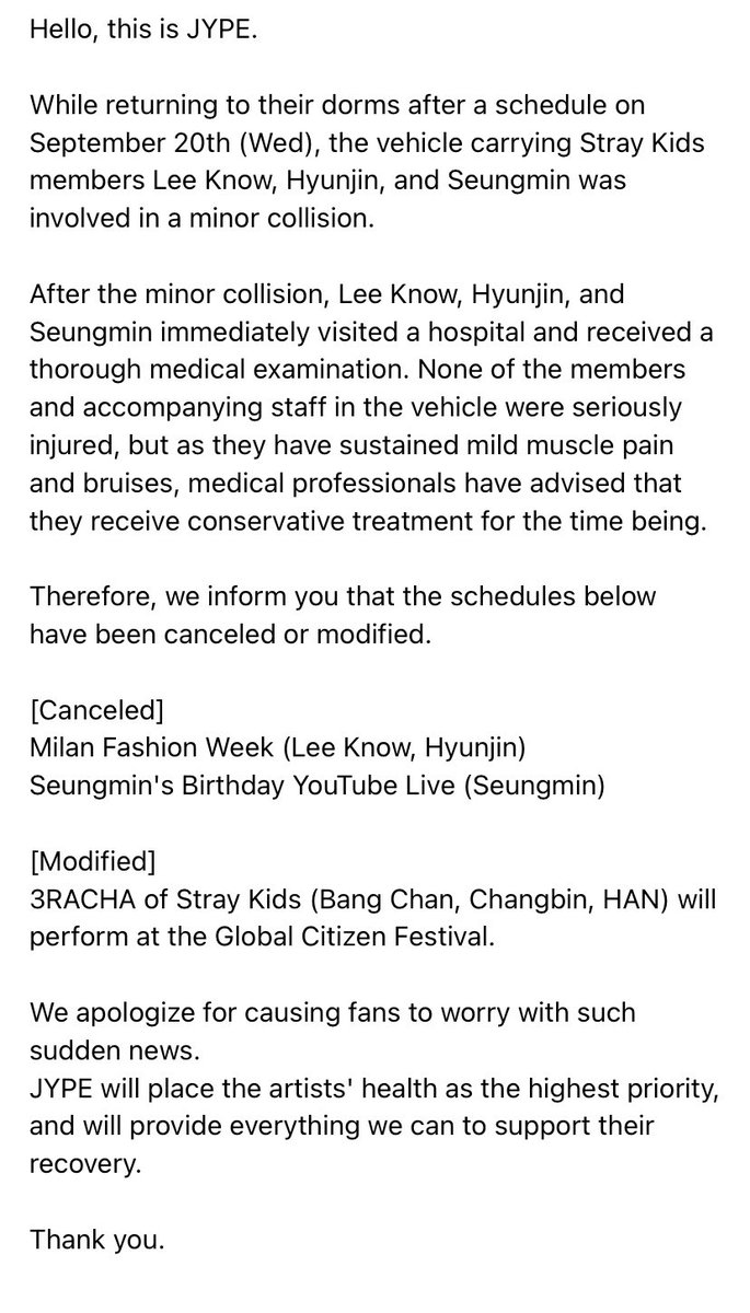 teamnyaSKIA's tweet photo. Lee Know, Hyunjin dan Seungmin mengalami kecelakaan mobil saat akan pulang ke dorm semalam 😭

Jadwal Lee Know-Hyunjin ke Milan dan live ultah Seungmin akan dibatalkan.

untuk Global Citizen Fest, yg tampil hanya 3RACHA

semoga mereka semua cepet sembuh😔

@Stray_Kids 🦕 https://t.co/0ZRF611RWs