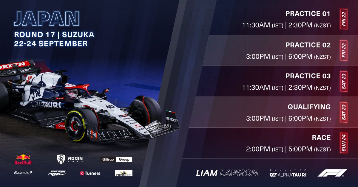 Tune in for the Japanese GP and Rd 17 of the 2023 F1 Championship 👊🇯🇵 Let us know where you'll be watching from below, all times are in local JST and NZT 🇯🇵🇳🇿 @AlphaTauriF1 | @redbull | @RodinCars | @GiltrapGroup | @Cumulo9 | Tony Quinn Foundation | Turners Cars | Porter Group