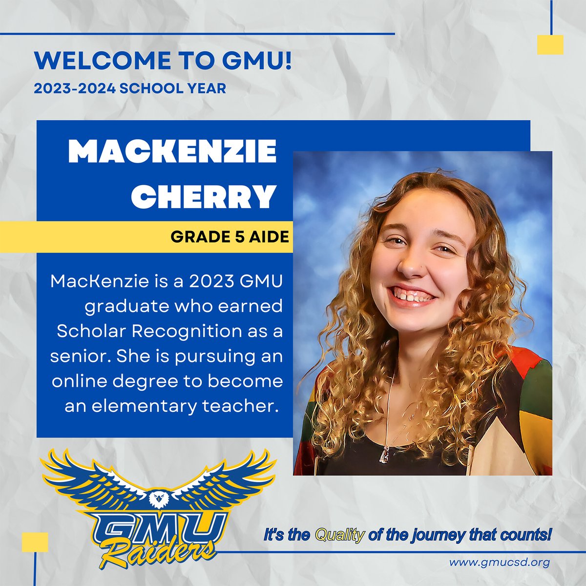 GMUCentral's tweet photo. WELCOME TO GMU!
Please join us in welcoming the newest members of our faculty and staff to the #GMUFamily!
Visit our Facebook page to find out more about teacher Patrick Bennett & aide MacKenzie Cherry, and stay tuned to meet more new faces soon. :)
#GMUnity #QualityOfTheJourney https://t.co/uyGms97A0M