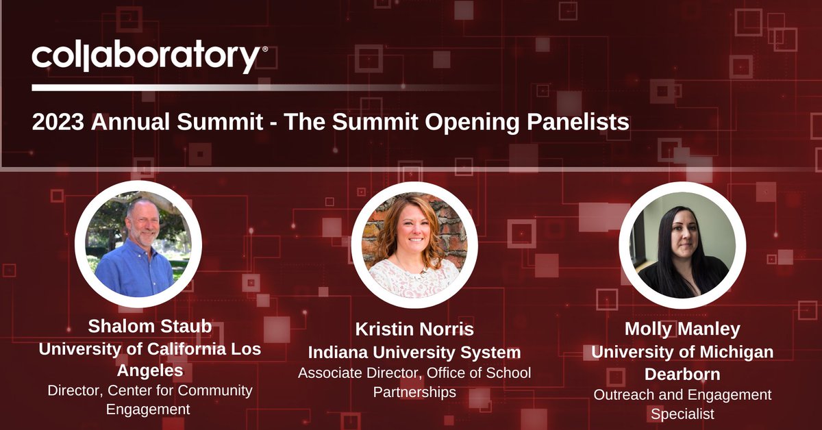 Our Annual Summit is next week with a theme of Community/Institution Impact! Register today: bit.ly/46nMAnb. Hear from our wonderful panelists: @KristinNorris, Shalom Staub, Molly Manley and their approach to community impact, institutional change. #CommunityEngagement