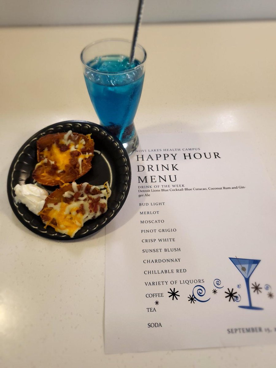 NoviLakesHC's tweet photo. We are elevating our happy hours!  Last Friday our residents enjoyed potato skins and a Detroit Lions Blue cocktail!  So good!  #trilogyliving https://t.co/dGxKZud1Ag