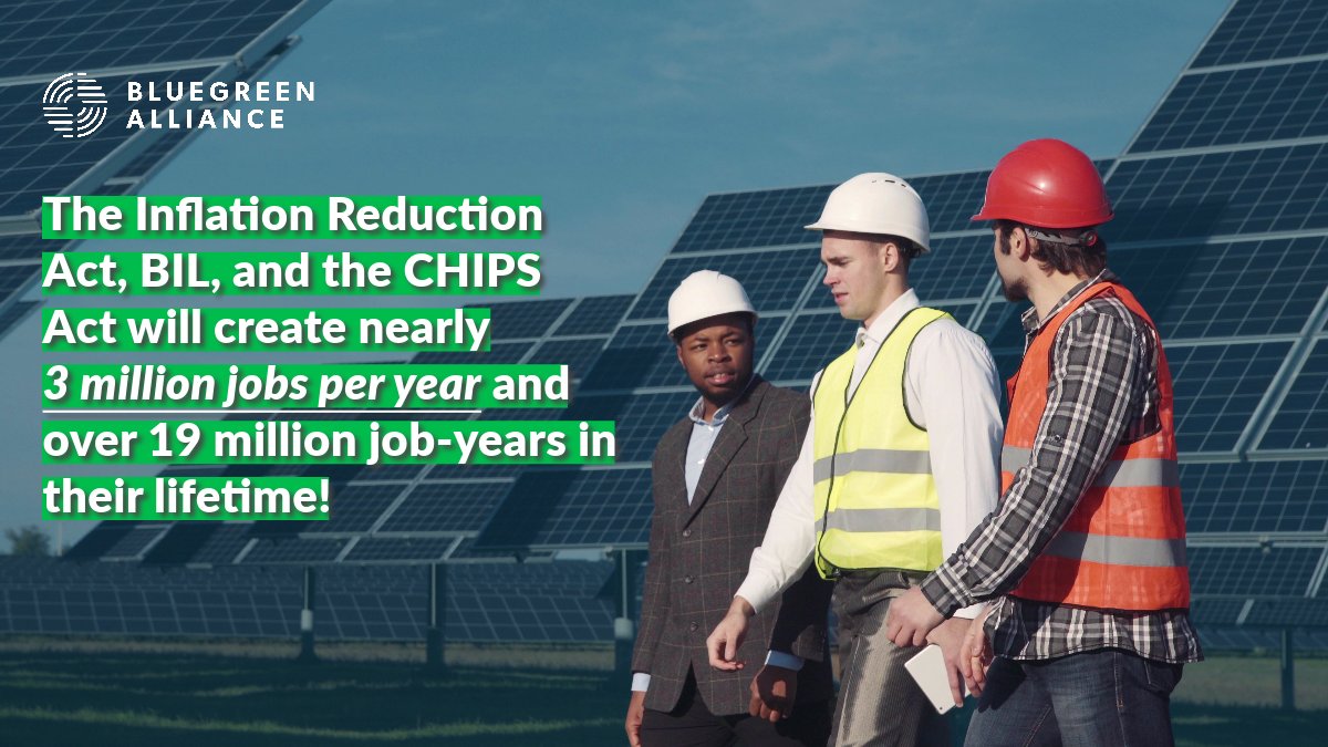 BGAlliance's tweet image. Construction, transportation, manufacturing, and the utility sectors stand to see the most job growth thanks to the #InflationReductionAct, #BIL, and the #CHIPS Act. A new @PERIatUMass report we commissioned with @SkillsCoalition explains. bit.ly/45V0DRj