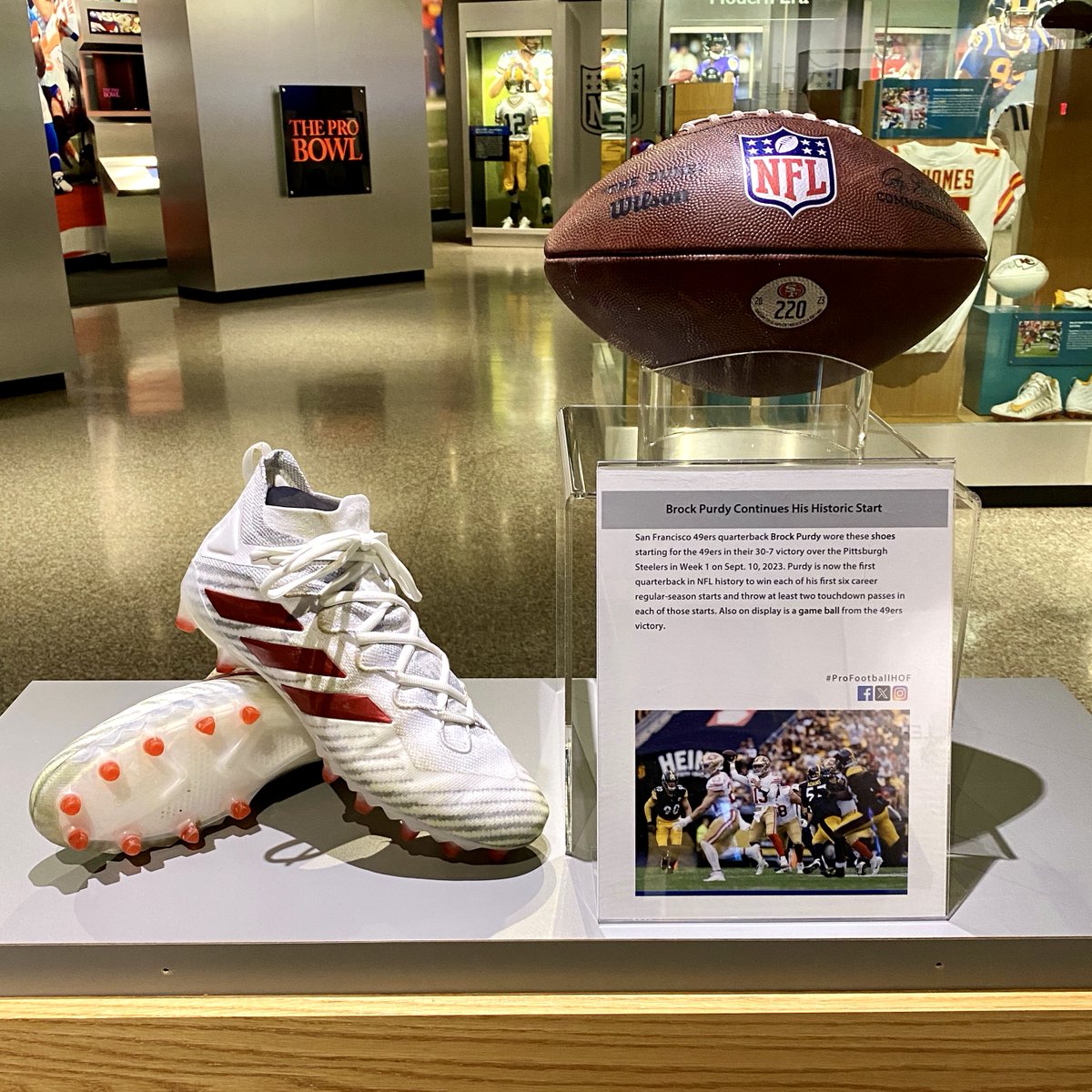ProFootballHOF's tweet photo. From Mr. Irrelevant to Hall of Fame relevant.

Now in Canton are the cleats that Brock Purdy wore during the @49ers win in Week 1 this season, when he became the first QB in NFL history to start his career 6-0, with 2+TD passes in each game.

Full Story: https://t.co/1AJlLy8whN https://t.co/5xGPGlAkFR