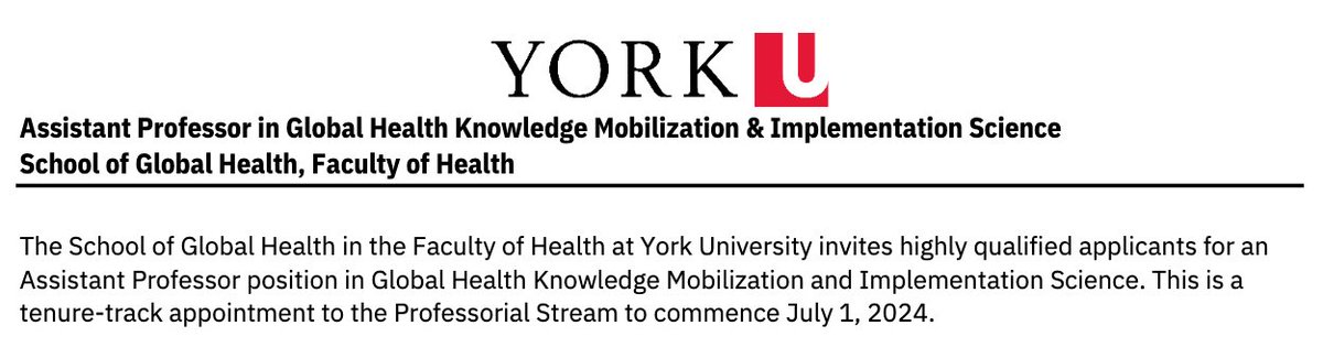 The School of Global Health at York University invites highly qualified applicants for an Assistant Professor position in Global Health Knowledge Mobilization. This is a tenure-track appointment to the Professorial Stream to commence July 1, 2024
yorku.ca/vpepc/faculty-…