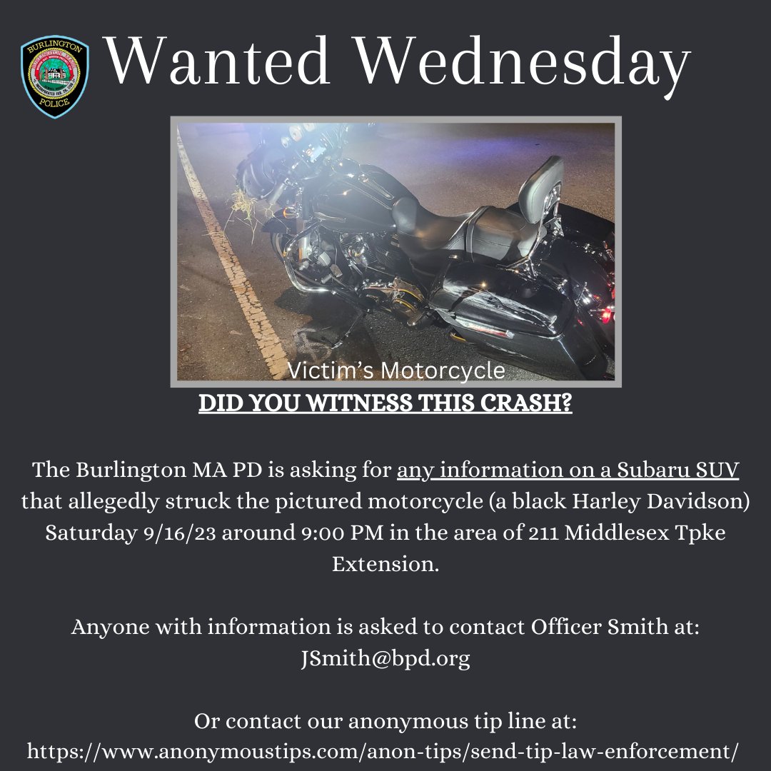 burlingtonpd's tweet photo. #WantedWednesday
If you have any information regarding this Hit & Run incident or the driver of the Subaru SUV please contact Officer Smith at jsmith@bpd.org
#BurlingtonMA #poltwt https://t.co/UzHWjTSHw4