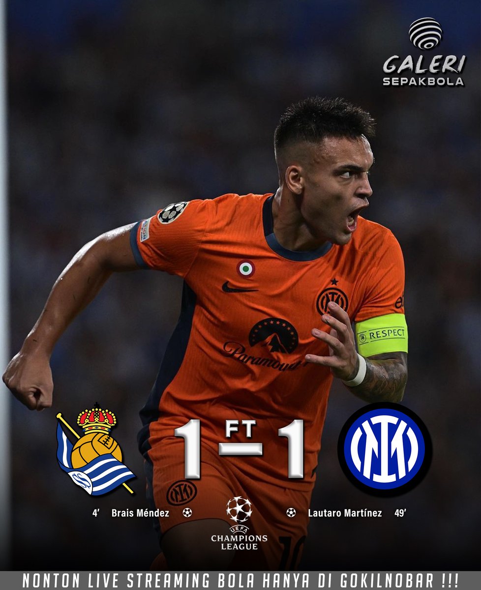 galeri_bola_'s tweet photo. Full Time UEFA Champions League ✅
Real Sociedad 1-1 Inter Milan
Brais Mendez ⚽4'
--
Lautaro Martinez ⚽87'
#galerisepakbola #sepakbolaindonesia #uefachampionsleague #ChampionsLeague #RealSociedad #InterMilan #intermilanfc #intermilanindonesia https://t.co/5TpjqLN1S1