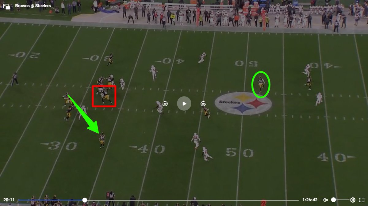 On the Gunner fumble: this is the first moment George Pickens, who was wide open, turns and looks for the ball. By this time, Chuks has lost his battle and the DL has gotten to his inside shoulder, which causes Pickett to look to the checkdown. His eyes are already off Pickens.