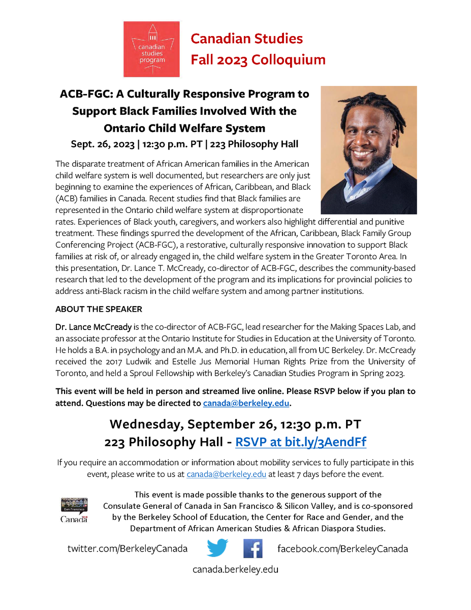 BerkeleyCanada's tweet photo. Join us next Wednesday, Sep. 26 at 12:30 pm for our first fall talk! Our former Sproul Fellow, Dr. Lance McCready, will discuss his work to support Black Canadian families involved with Ontario's child welfare system.

RSVP at https://t.co/ndvWeuIAi5 https://t.co/lwF2Stv244
