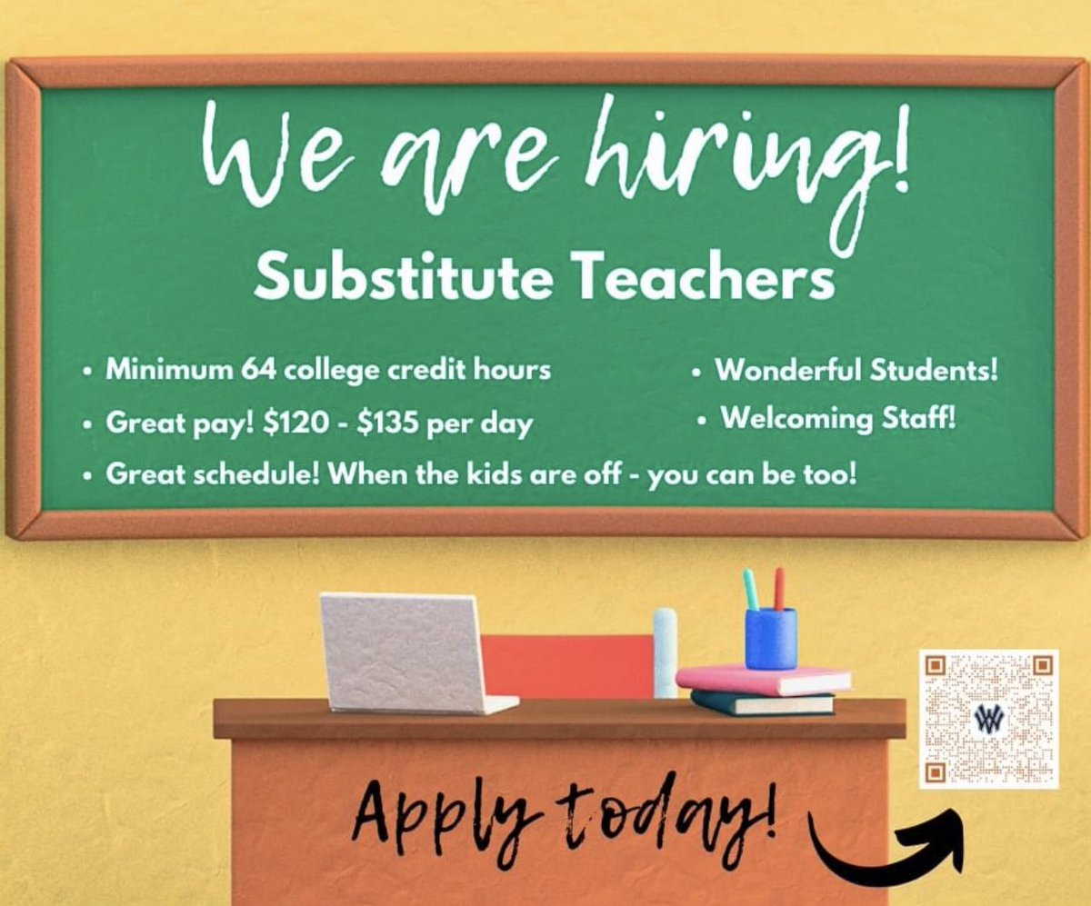 We need substitute teachers at all schools! Please consider applying to be a sub. It’s a pretty good gig! If you have any questions, feel free to message me! I’m happy to help.

waltonverona.tedk12.com/hire/ViewJob.a…