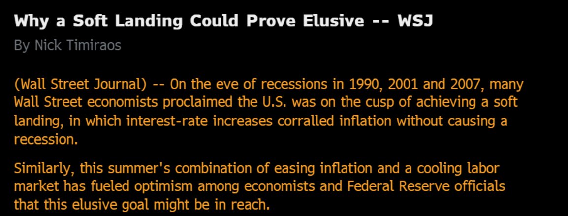 The market is priced for a soft landing.

Powell talking soft landing.

This week <a href="/NickTimiraos/">Nick Timiraos</a> wrote a nice summary of soft landing obstacles.

Maybe the Fed manages to pull it off, but here are a few things that argue a hard landing is more likely.

Via <a href="/3F_Research/">3Fourteen Research</a>