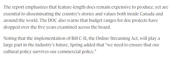 DOC alarmed by dramatic decline of support for Canadian feature docs❗

🔗 Check out Globe and Mail's article about the report: theglobeandmail.com/arts/film/arti… 

"We need to ensure that our cultural policy survives our commercial policy" - DOC's ED, Sarah Spring