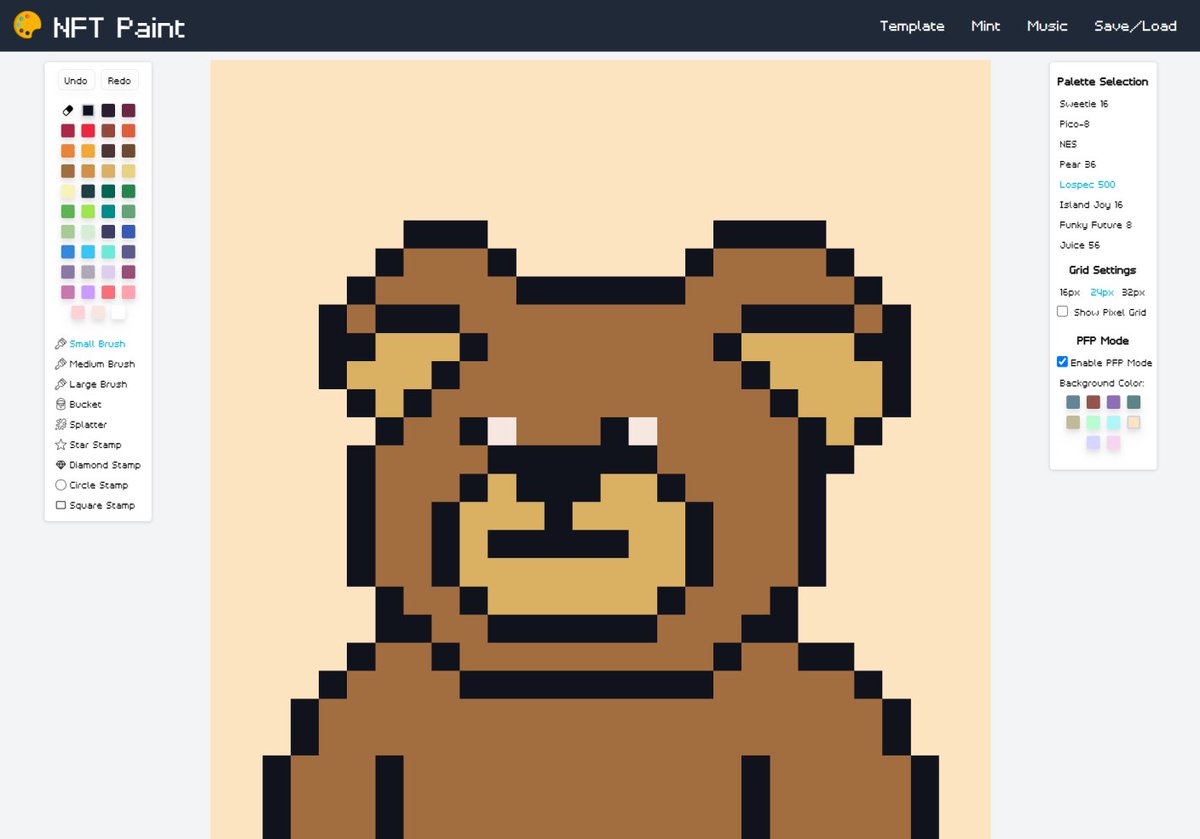 Today we are bringing our passion for pixel art to the world with NFT Paint! 🐻🎨

NFT Paint allows users to create their own pixel art in 16px, 24px, or 32px format. Users can also save their creations, download it as a png or svg, or even mint their work of art completely