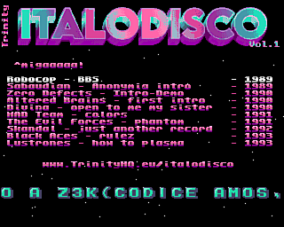 aMiGaTrOnIcS's tweet photo. Italodisco vol.1 by Trinity, Amiga Music Disk: Compilation of old Italian scene relics preserved from rotten floppies. Volume 1 of many. NOT inspired by the eponymous catchy tune. Download:… #Amiga #Italodiscovol1 #MusicDisk @CommodoreBlog https://t.co/cDpsa7fQ0V https://t.co/s4mtXBfvUn