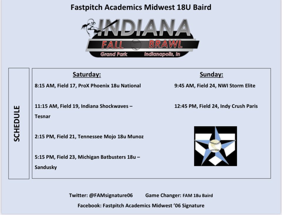 Getting our fall season under way this weekend at Grand Park against some great competition. 
<a href="/IN_BAMFAM/">Baseball/Fastpitch Academics Midwest</a>