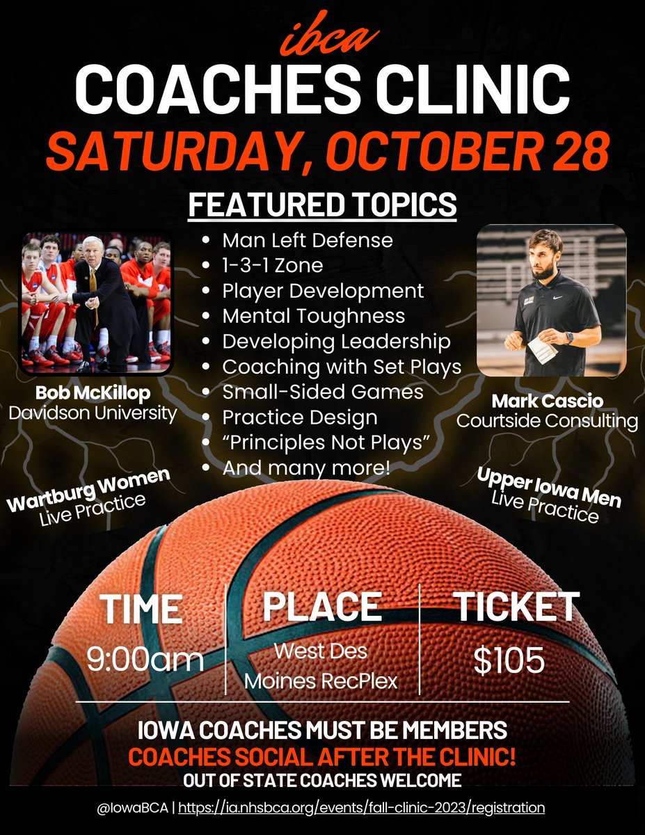 IowaBCA's tweet photo. This year's clinic schedule is nearly complete! 

Saturday, October 28th
West Des Moines RecPlex

Registration includes in-person clinic AND virtual clinic.

Click the link for a complete lineup of speakers 👇

https://t.co/WJzPlEilYI https://t.co/VGVybnpnLI