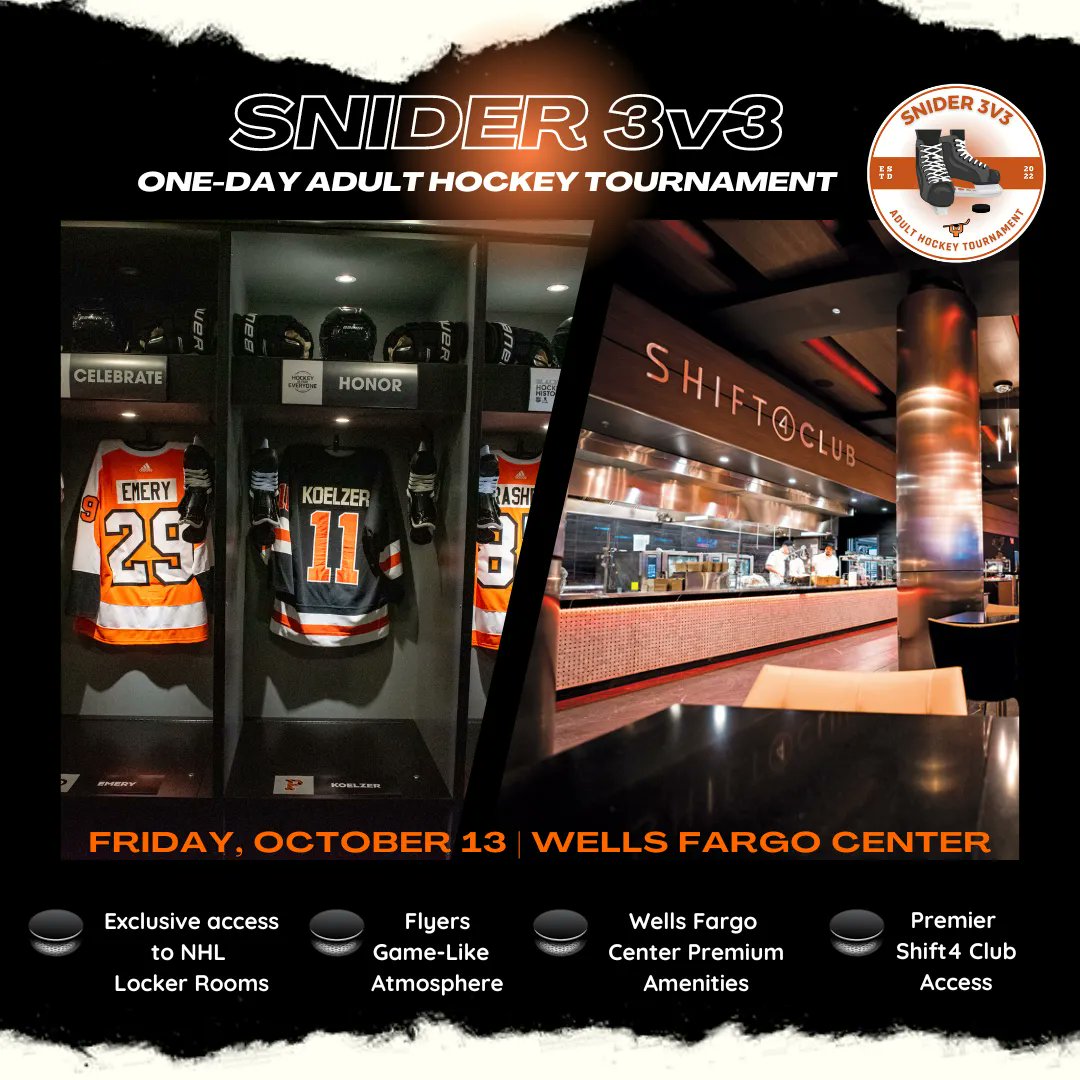 SniderHockey's tweet photo. At the 2nd Annual Snider 3v3 Adult Hockey Tournament, teams will have exclusive access to @NHL ice &amp; locker rooms, scoring on the Jumbotron, VIP broadcasts of their games, and go-to game day treats in the Shift4 Club 🍿🥨

Visit https://t.co/uo3yjY17bu to register a team today 🏒 https://t.co/AsJniqpf1g