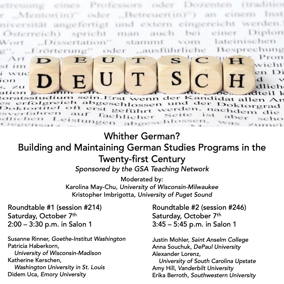 GSATeaching's tweet image. The second series focuses on the future of German/German Studies programs: &quot;Whither German?&quot; Get together with fellow faculty and strategize about how to build and maintain programs at a time when languages programs are getting cut. 3/5