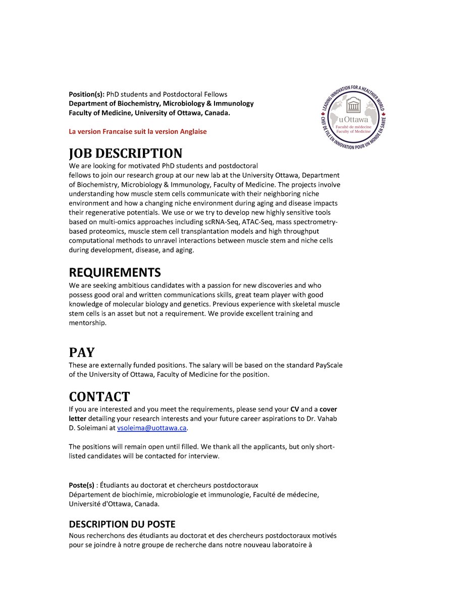 vahabsoleimani's tweet image. My lab has recently moved to the University of Ottawa, Canada. We are hiring PhD students and postdoctoral fellows to study the interaction between muscle stem and niche cells in development and disease. If interested, please send your CV to vsoleima@uottawa.ca. Please RT.