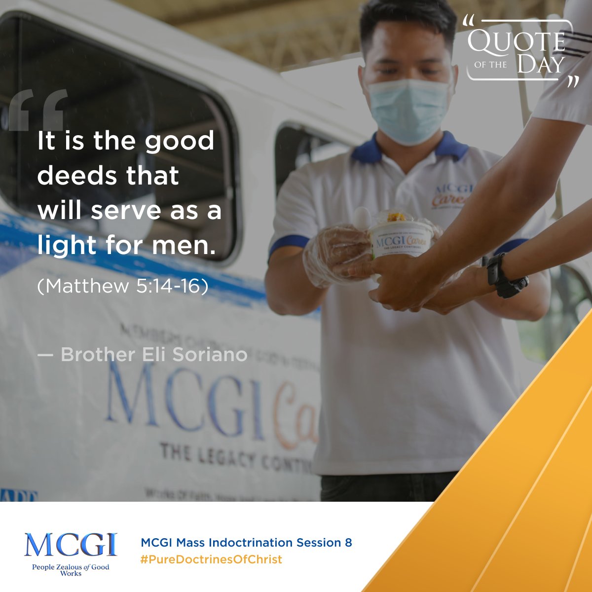 AngDatingDaanTV's tweet photo. "It is the good deeds that will serve as a light for men." (Matthew 5:14-16)  

— Brother Eli Soriano, MCGI Mass Indoctrination Session 8  

Gatherings for Christians 
#PureDoctrinesOfChrist https://t.co/AdHnWmibuL