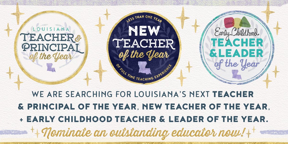 Do you know an excellent educator? Nominations close September 22 for Louisiana Teacher and Principal of the Year, New Teacher of the Year, and Early Childhood Teacher and Leader of the Year. #LAExcellentEducators ow.ly/hZAc50PB0Hr