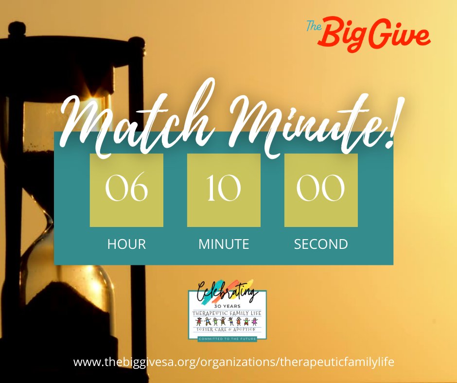 TFLifeTX's tweet photo. The 1st Match Minute for the Big Give is starting soon - at 6:10 pm to be exact! And you know what's even cooler 😎? If you donate during this time, which is only 60 seconds, your donation will be matched dollar for dollar up to $100! 
To donate➡️ https://t.co/3pmC1r8JTy https://t.co/3i5RghWsZl