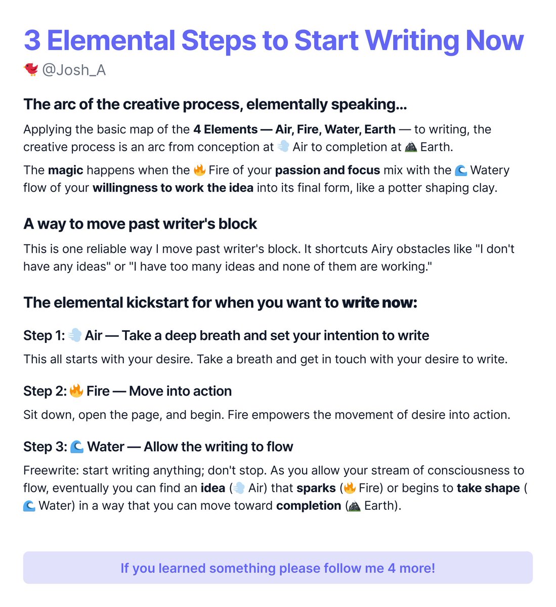 3 Elemental Steps to Start Writing Now

How to freewrite using the #fourelements to move past writer's block holistically. When I say start writing now, I mean now!

#onlinewriting #airfirewaterearth #creatives #pagan