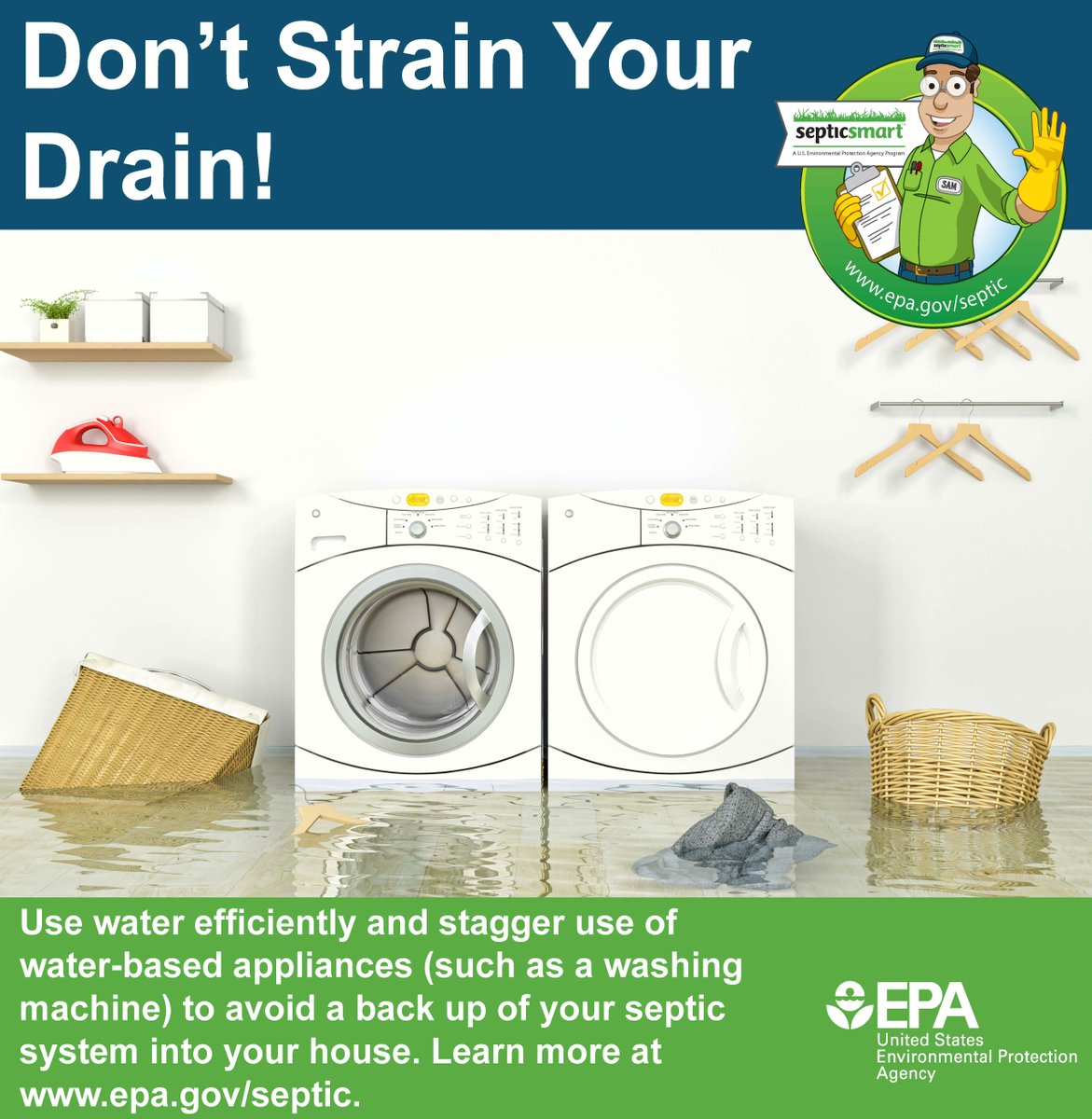 BrazosWater's tweet image. Don’t Strain Your Drain: Keep your septic safe! Don’t overload your system!

#SepticSmartWeek