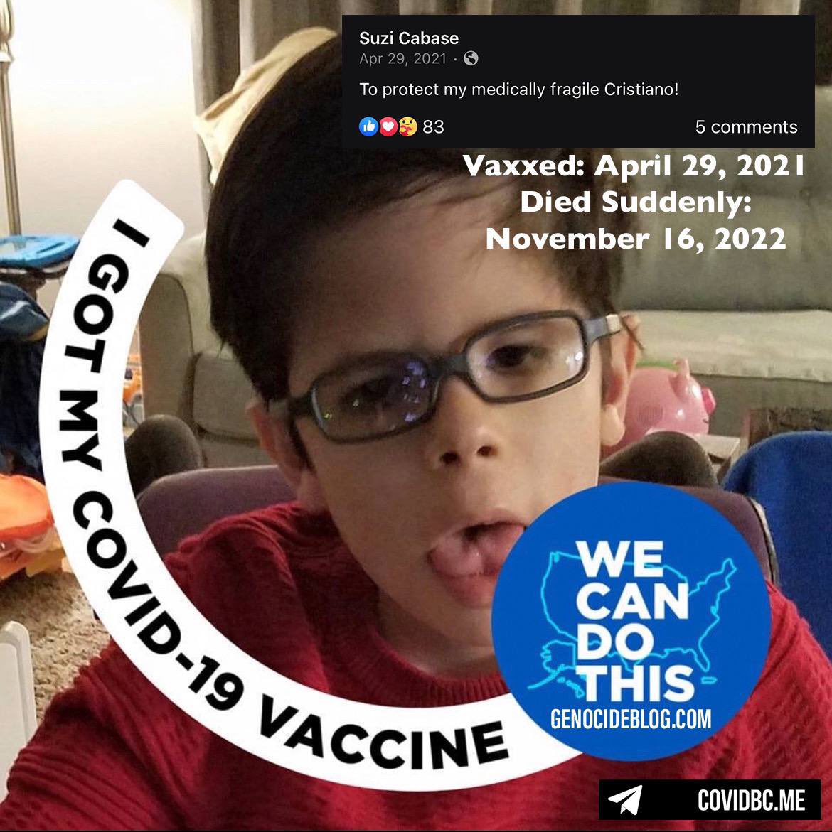 toobaffled's tweet photo. Cristiano Mateus Cabase (8)💉🪦 #OneDose #DiedSuddenly
(Nov. 2022) 🇺🇸 Connecticut
“To protect my medically fragile Cristiano!”
Christiano suffered with multiple health challenges. His mom got him vaccinated because the news told her that the vaccine was critical for fragile individuals, the elderly and those with medical conditions.
He received the “experimental” vaccine in April of 2021. He was found dead on November 16, 2022.
Rest in peace little friend. 🙏
*Huge thanks to Died Suddenly Connecticut for sharing this post with me.
https://t.co/bhGJqXtrT3
https://t.co/N5HaoM000j
https://t.co/adXsG6Xrow