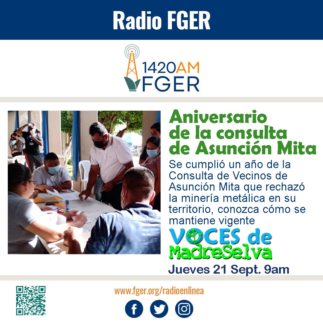 FgerRadio's tweet photo. En el programa #VocesDeMadreSelva conversarán del #aniversario de la consulta de #AsunciónMita
Escúchalo por 📻Radio FGER 1420 AM 📆#jueves 21 de #septiembre ⏰09:00 AM
#FacebookLive

#ComunicandoBuenVivir #RadioFger https://t.co/N81VDcO48C