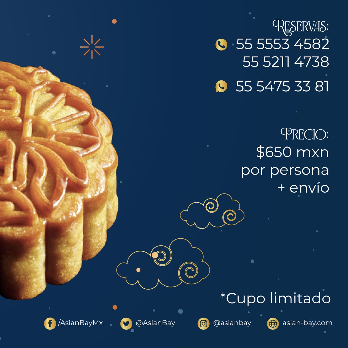 🏮 Asian Bay te invita al Mooncake Festival con chef Luis Chiu. Noches mágicas, mooncakes y platos chinos. ¡Reserva ahora! 📲 WhatsApp: 55 5475 33. 🥮🌕