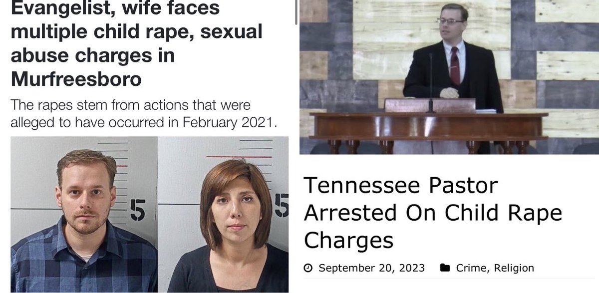 MURFREESBORO: “Evangelist pastor Ben Garlick facing slew of child rape &amp; sexual abuse charges… 5 counts of aggravated rape of a child, continuous sexual abuse of a child… wife Shaantal Garlick charged with facilitation of aggravated rape of a child…” wsmv.com/2023/09/20/eva…