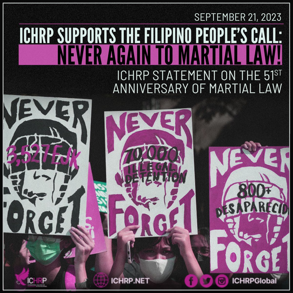 ICHRP stands with the Filipino people’s continuing struggle for the full recognition of their rights on this 51st anniversary of Martial Law. We commend the commitment of the Filipino people to defend their rights and fight for a just peace. Read: ichrp.net/DUcm