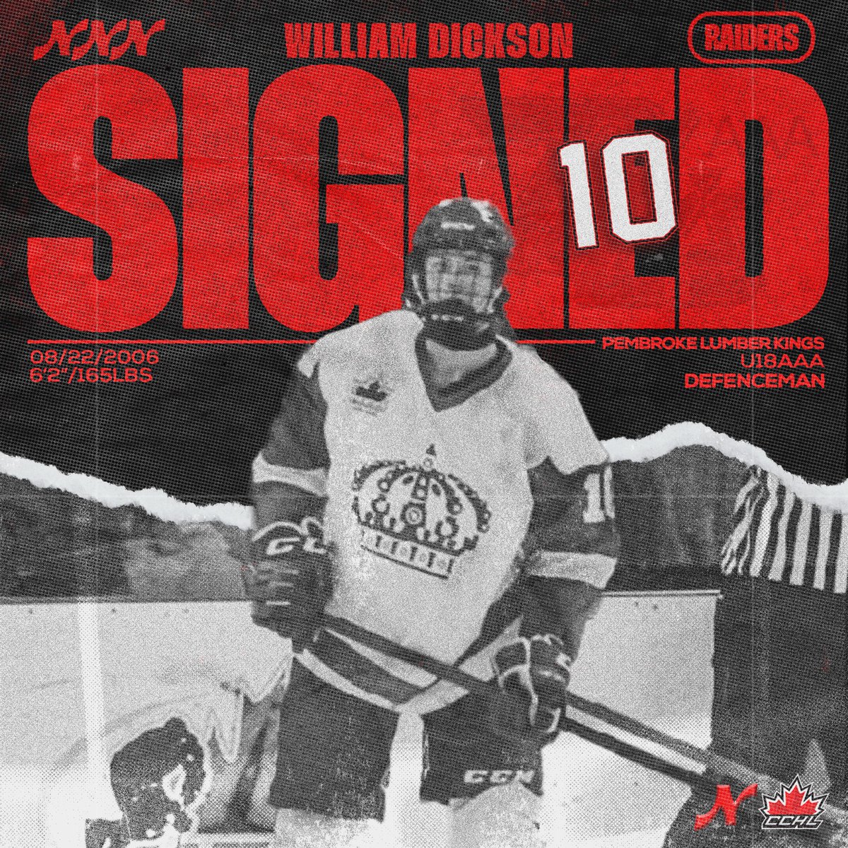We are proud to announce that ‘06 D Will Dickson has signed with us for 2023/24!

Will is a big-bodied defenceman who excels at defending the rush with his size and reach.

Welcome to Nepean, Will! #RaiderPride