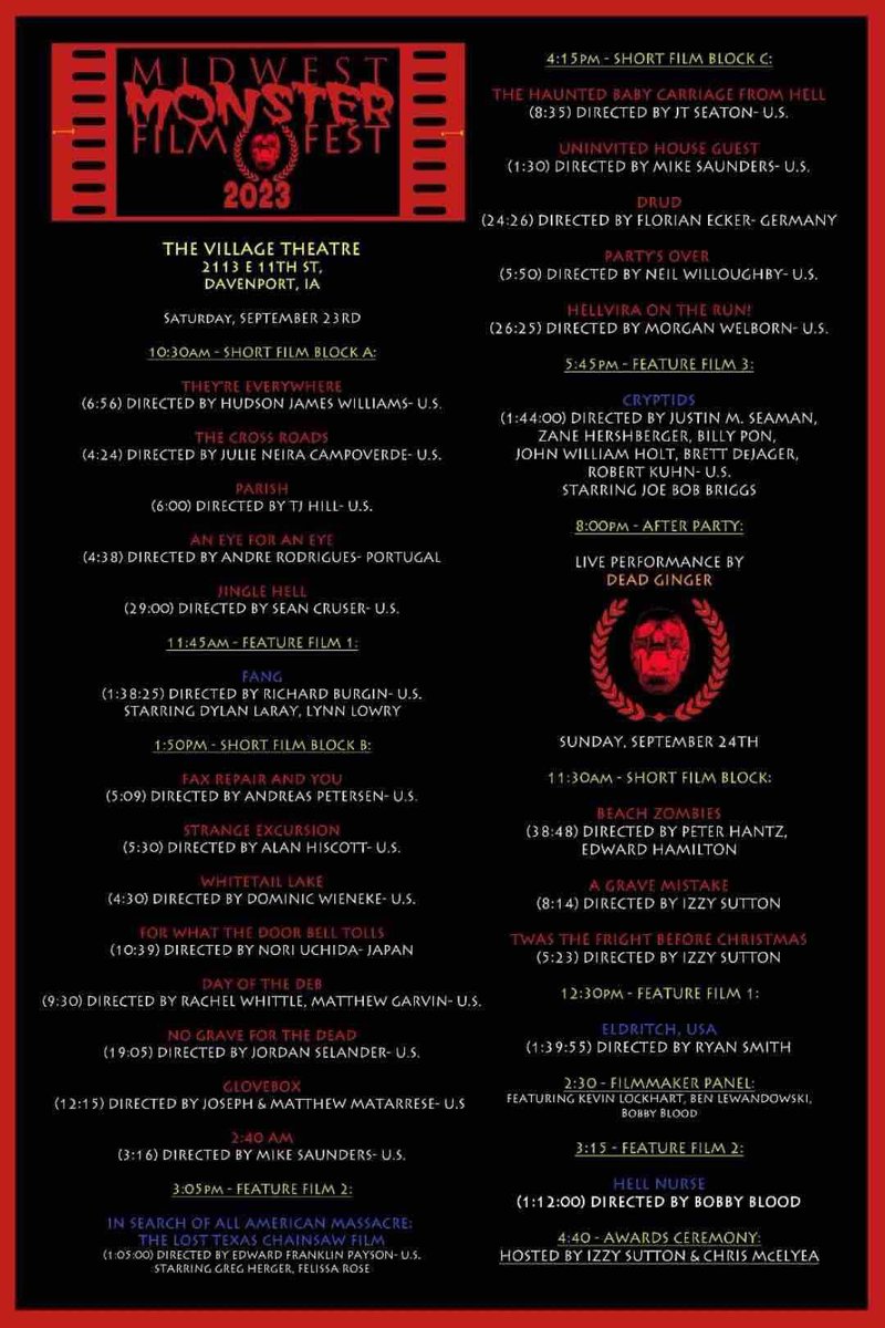 Eldritch, USA is playing this Sunday at 12:30 at the Village Theater in Davenport Iowa for Midwest Monster Fest! Come see us and meet some of the amazing horror actors who will be in attendance! 🪓