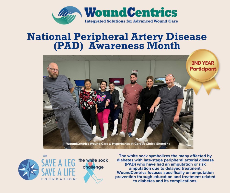 #WoundCareWednesday- #WoundCentric in #CorpusChristi, Texas supports the #WhiteSockCampaign. 

#SALSAL #woundpros #peripheralarterydisease #PAD  #woundcare #savealegsavealife #PADAwarenessMonth #limbsalvage #amputationprevention #woundcarematters #footcare #diabeticfootulcer