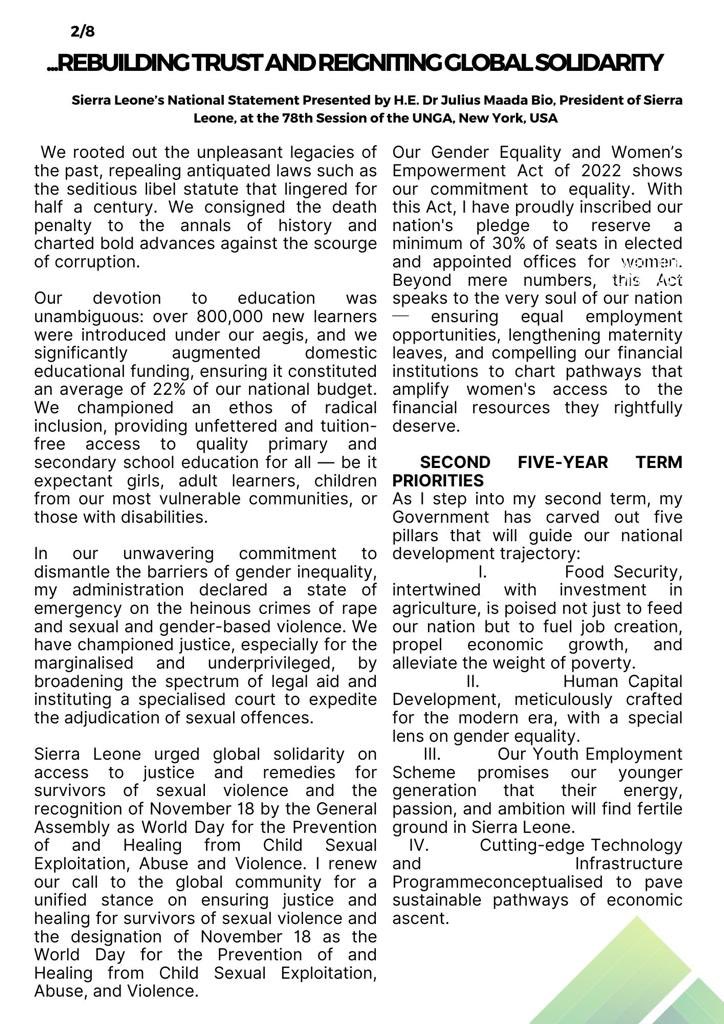 Presidency_SL's tweet image. EXCERPTS OF HIS EXCELLENCY @PresidentBio’s GENERAL DEBATE ADDRESS AT THE 78TH SESSION OF THE @UN GENERAL ASSEMBLY ~ PART 1/2

#UNGA78

#PresidentBio@UNGA78 

#PresidencySL🇸🇱