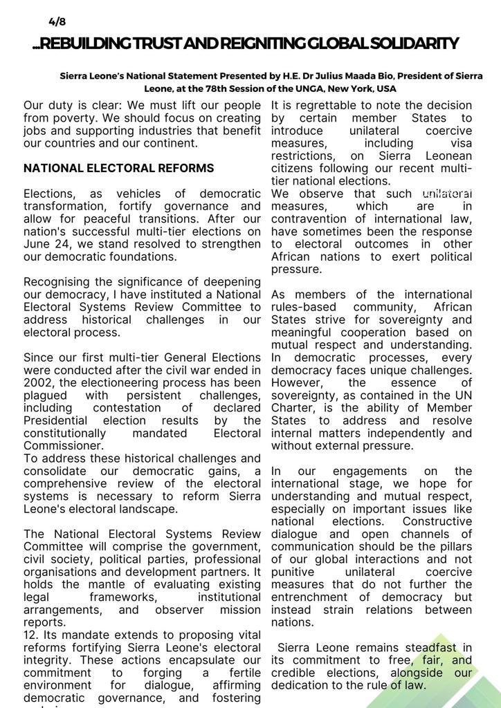 Presidency_SL's tweet image. EXCERPTS OF HIS EXCELLENCY @PresidentBio’s GENERAL DEBATE ADDRESS AT THE 78TH SESSION OF THE @UN GENERAL ASSEMBLY ~ PART 1/2

#UNGA78

#PresidentBio@UNGA78 

#PresidencySL🇸🇱