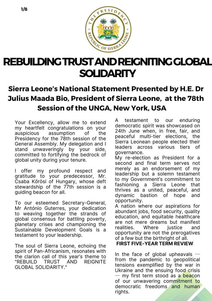 Presidency_SL's tweet image. EXCERPTS OF HIS EXCELLENCY @PresidentBio’s GENERAL DEBATE ADDRESS AT THE 78TH SESSION OF THE @UN GENERAL ASSEMBLY ~ PART 1/2

#UNGA78

#PresidentBio@UNGA78 

#PresidencySL🇸🇱