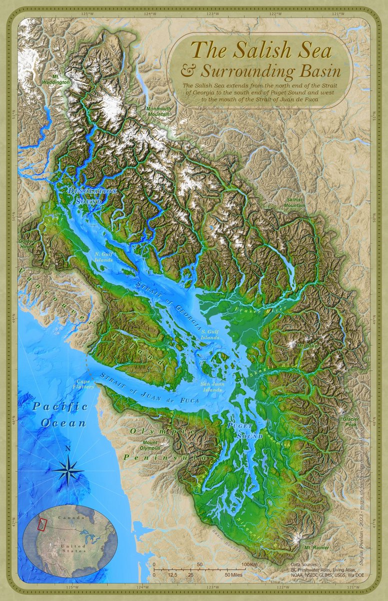 We're sharing a newly updated #SalishSea map by Stefan Freelan, #WWU for National #Estuary Week. Learn more maps.stefanfreelan.com/salishsea/