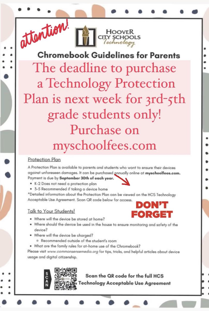 Have you purchased a technology protection plan for your child’s Chromebook? Time is running out!!
