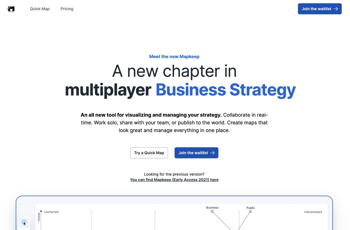 mapkeep's tweet photo. An update to Mapkeep is coming. See what's new and join the waitlist.

https://t.co/ERe7fPOJBg

#wardleymaps #wardleymapping https://t.co/4KwyeFgvXU