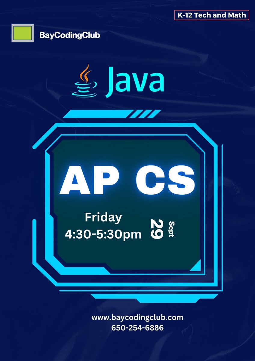 coding_bay's tweet image. 🔵 AP Computer Science A(JAVA Class) starts on September 29th from 4:30 PM to 5:30 PM 🚀 🖥️ at BayCodingClub.com
🔵 Sign up now and reserve your spot today 👇🏻 👇🏻 
🔵 lnkd.in/gzCp5rk2 👈 #APCS #CodingClass#TechEducation#onlinelearning