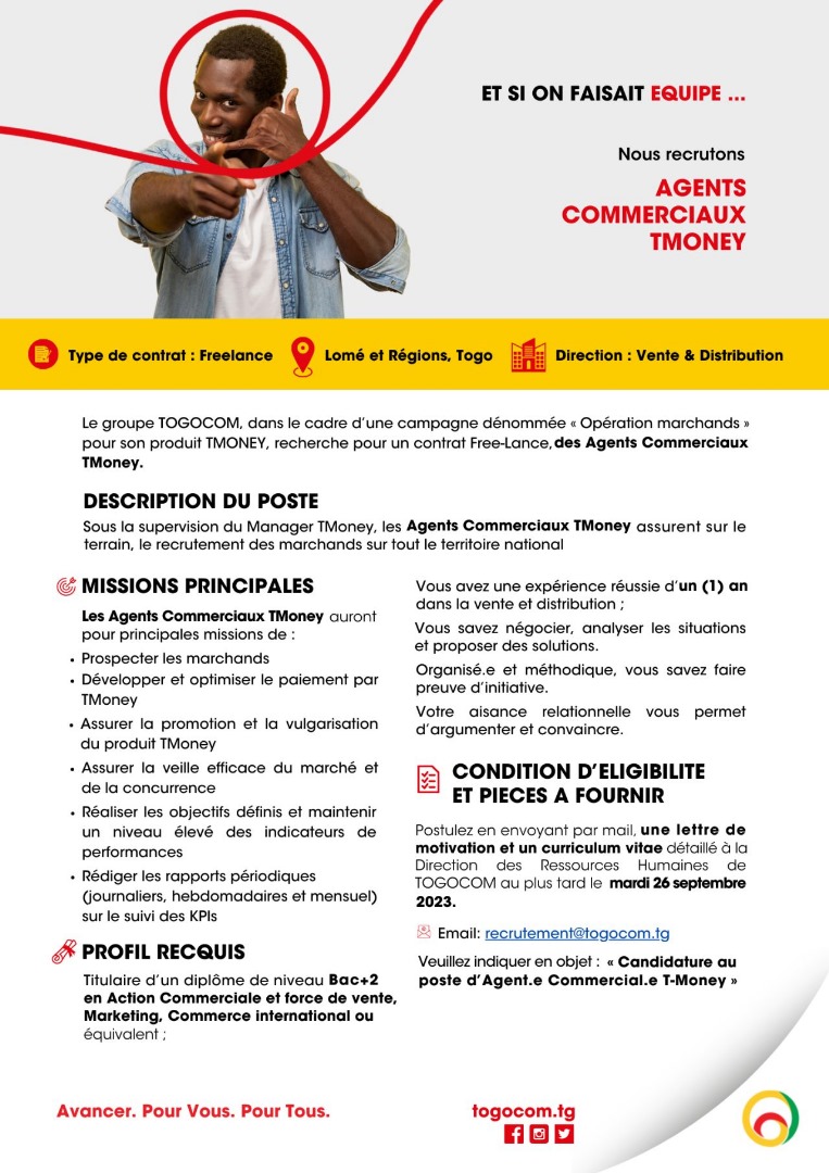 Togocom recrute des < Agents Commerciaux TMoney > en freelance. 

Deadline : 26 septembre 2023

#Togo #Recrutement
