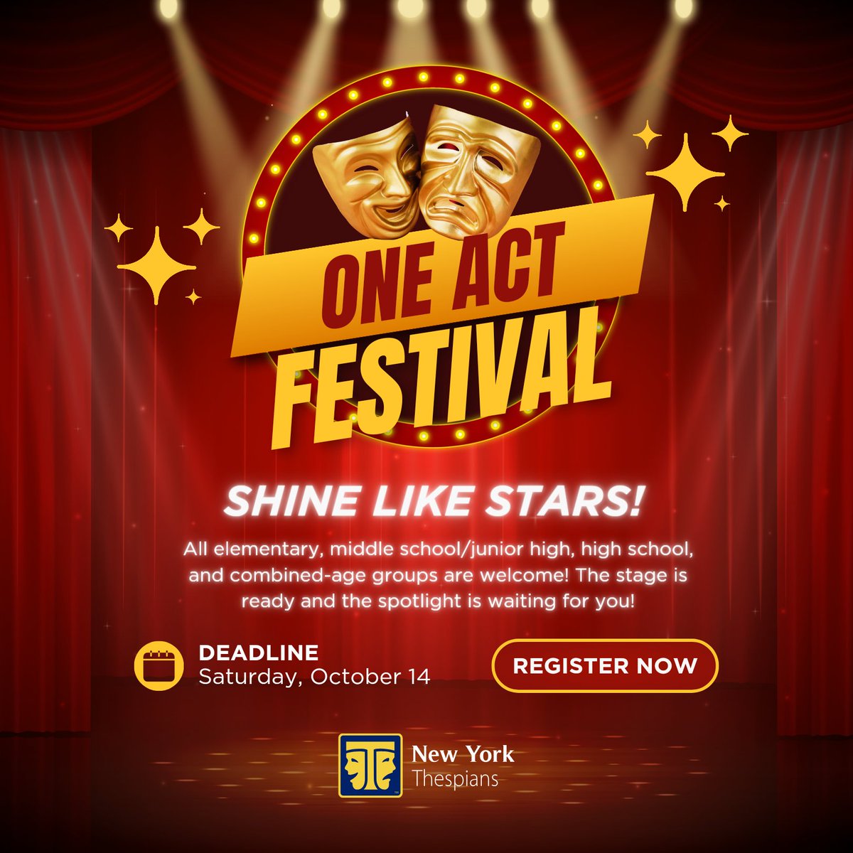 Register now for NY Thespians One Act Festival 2023! You can submit up to two one-act plays for the chance to showcase your talent at our festival: nythespians.regfox.com/ny-thespians-r…

Deadline: Saturday, October 14

#NYThespians #Theatre #OneAct #PerformingArts